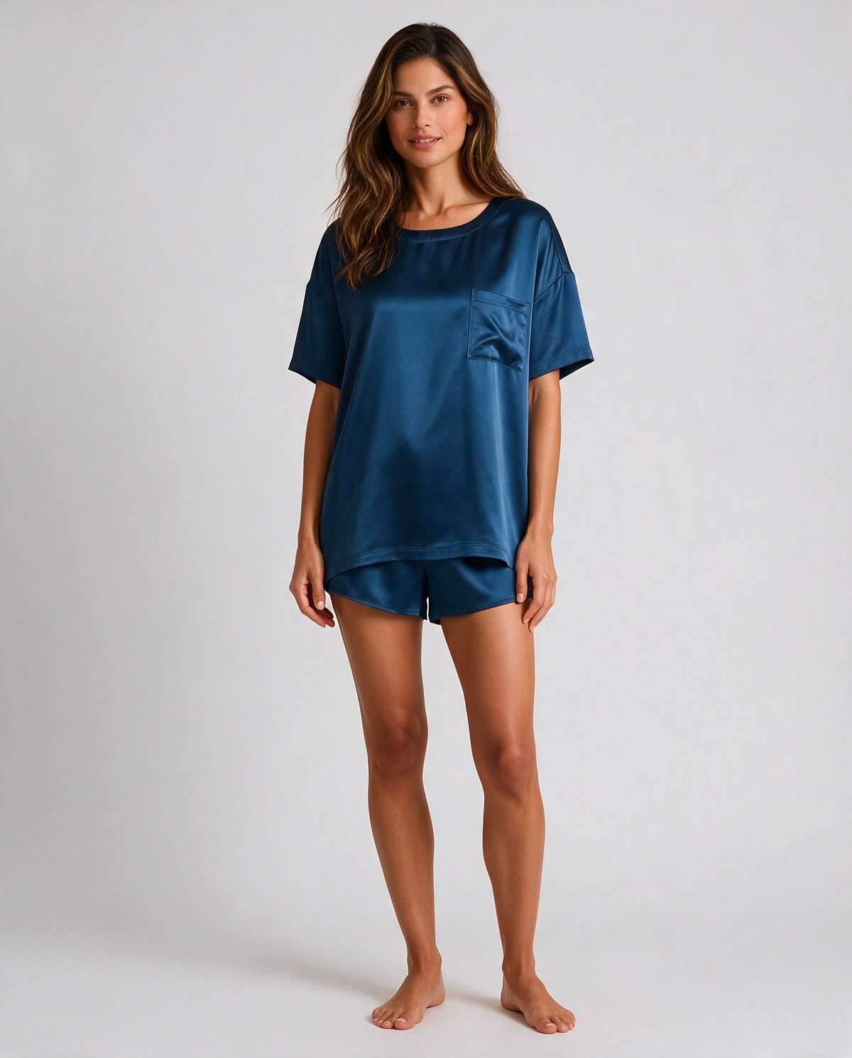 Rundad Halsringning Satin Shorts Set Dam
