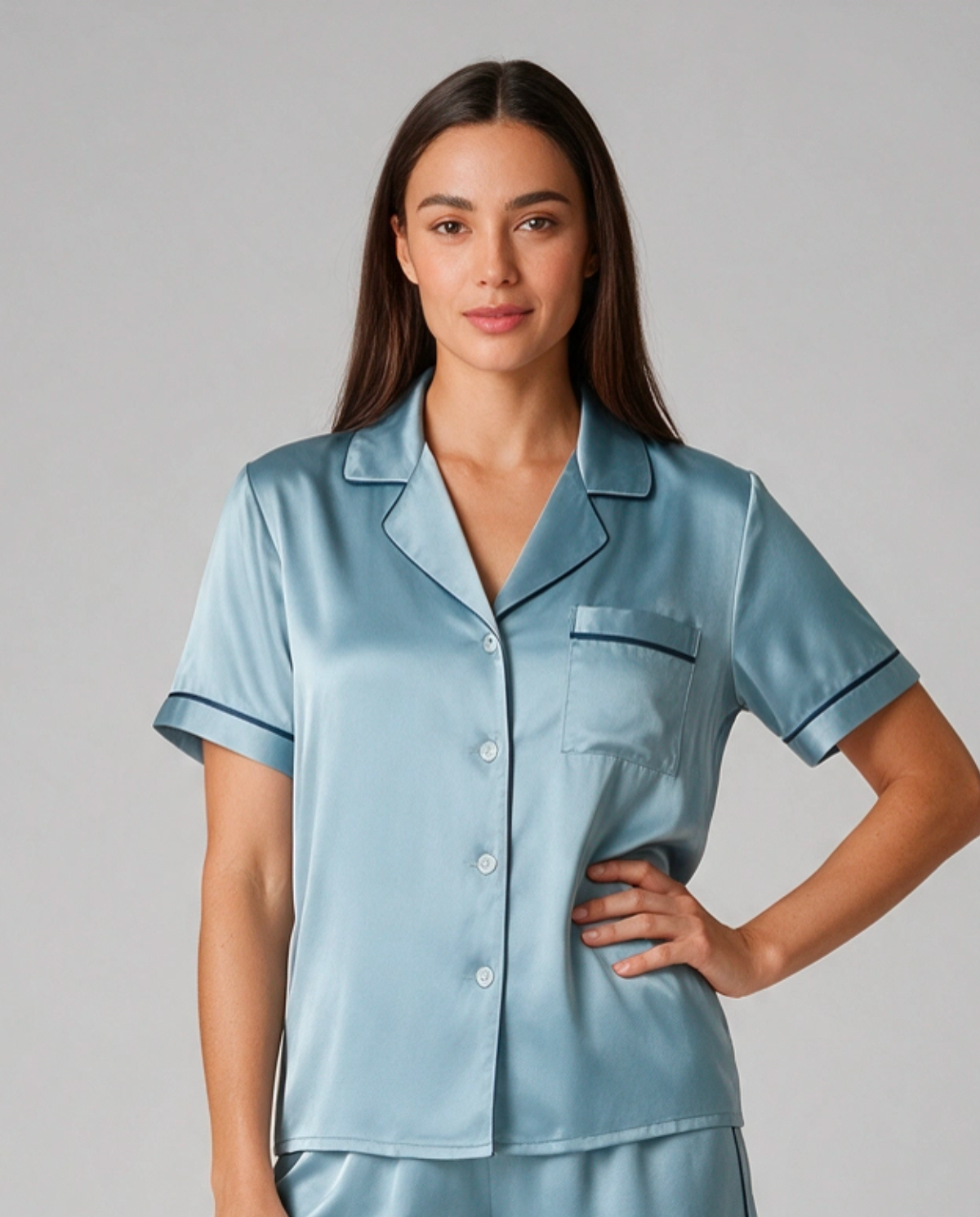 Kontrastkant Kortärmad Satin Set Dam