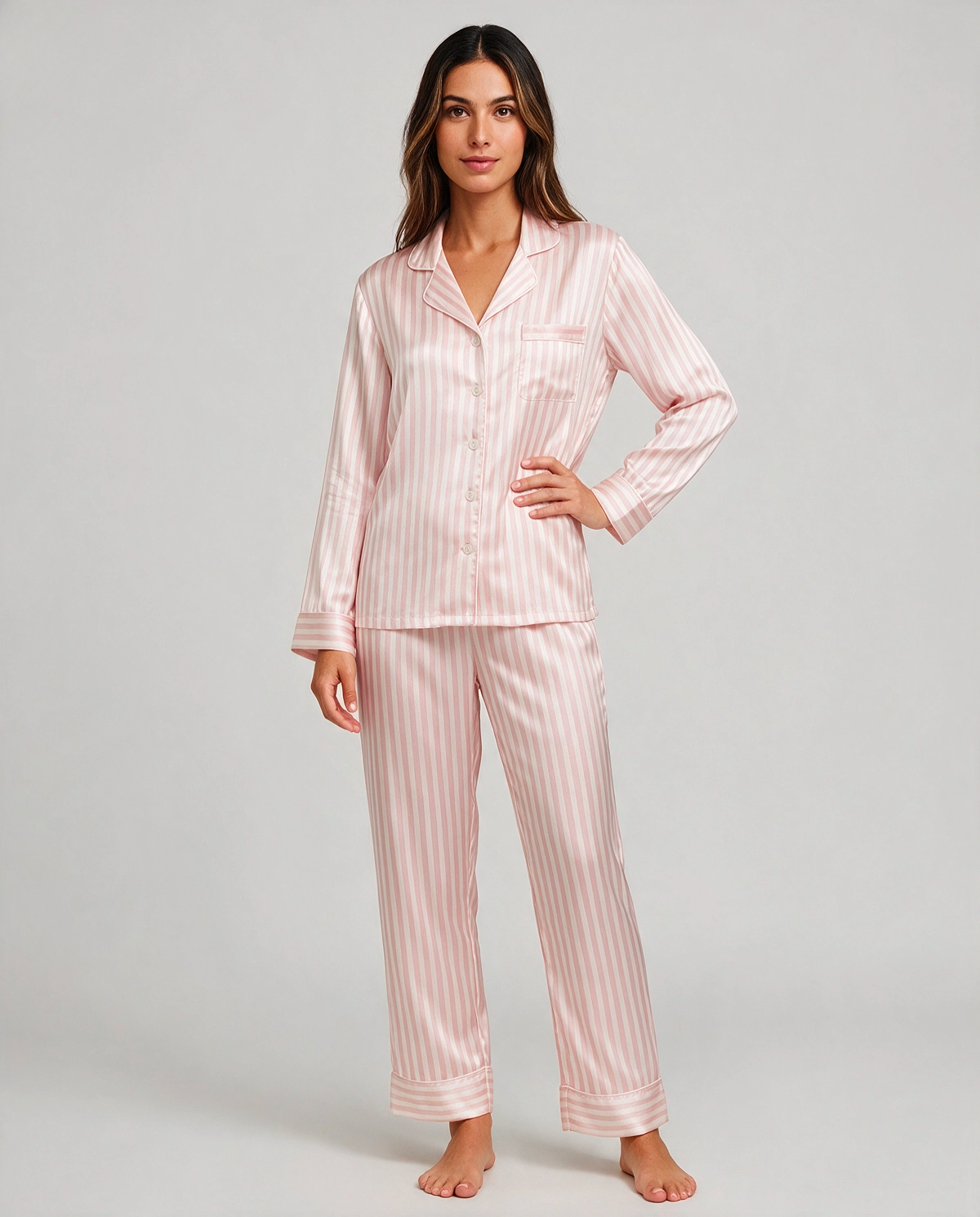 Randig Satin Skjortpyjamas Set Dam