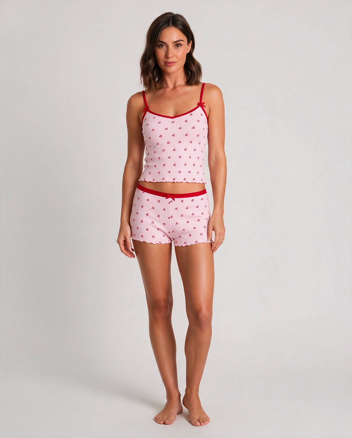Körsbärsmönster Ribbad Pyjamas Set Dam
