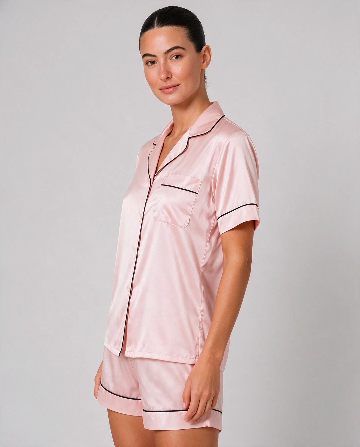 Kontrastpiping Satin Skjortpyjamas Set Dam