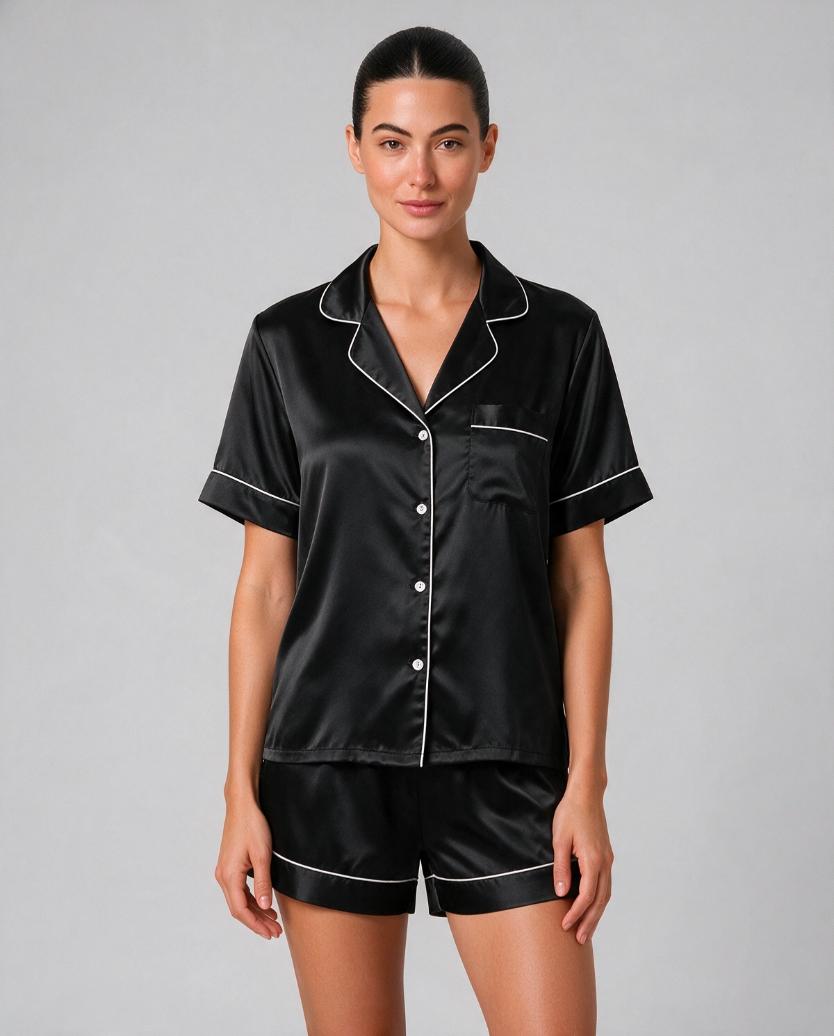 Kontrastpiping Satin Skjortpyjamas Set Dam
