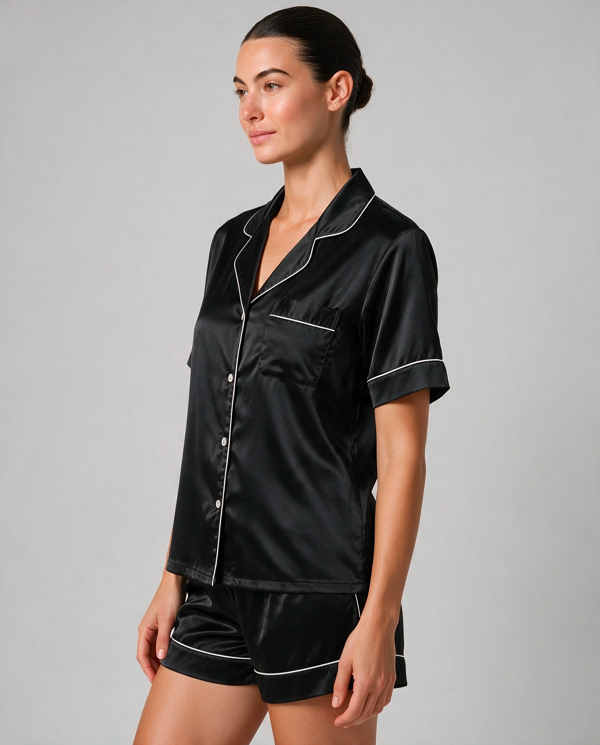Kontrastpiping Satin Skjortpyjamas Set Dam