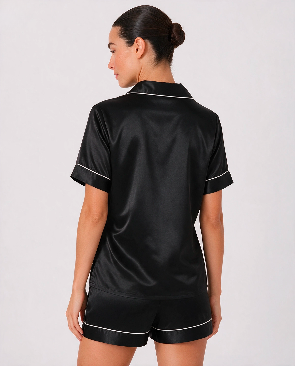 Kontrastpiping Satin Skjortpyjamas Set Dam