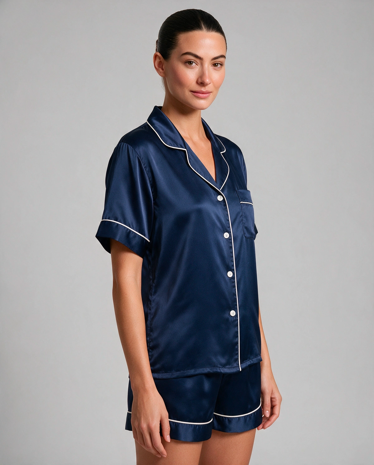 Kontrastpiping Satin Skjortpyjamas Set Dam