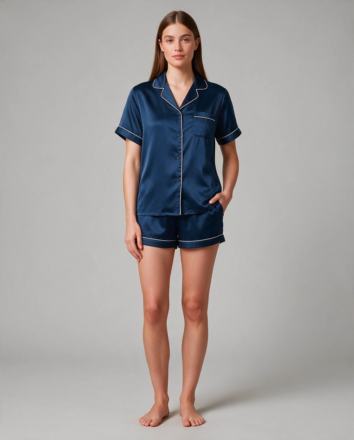 Kortärmad Kontrastkant Satin Pyjamas Set Dam