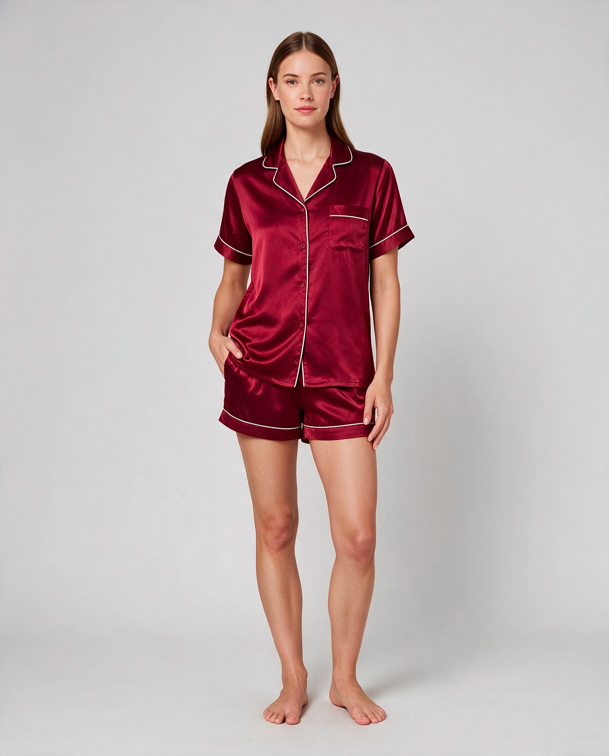 Kortärmad Kontrastkant Satin Pyjamas Set Dam