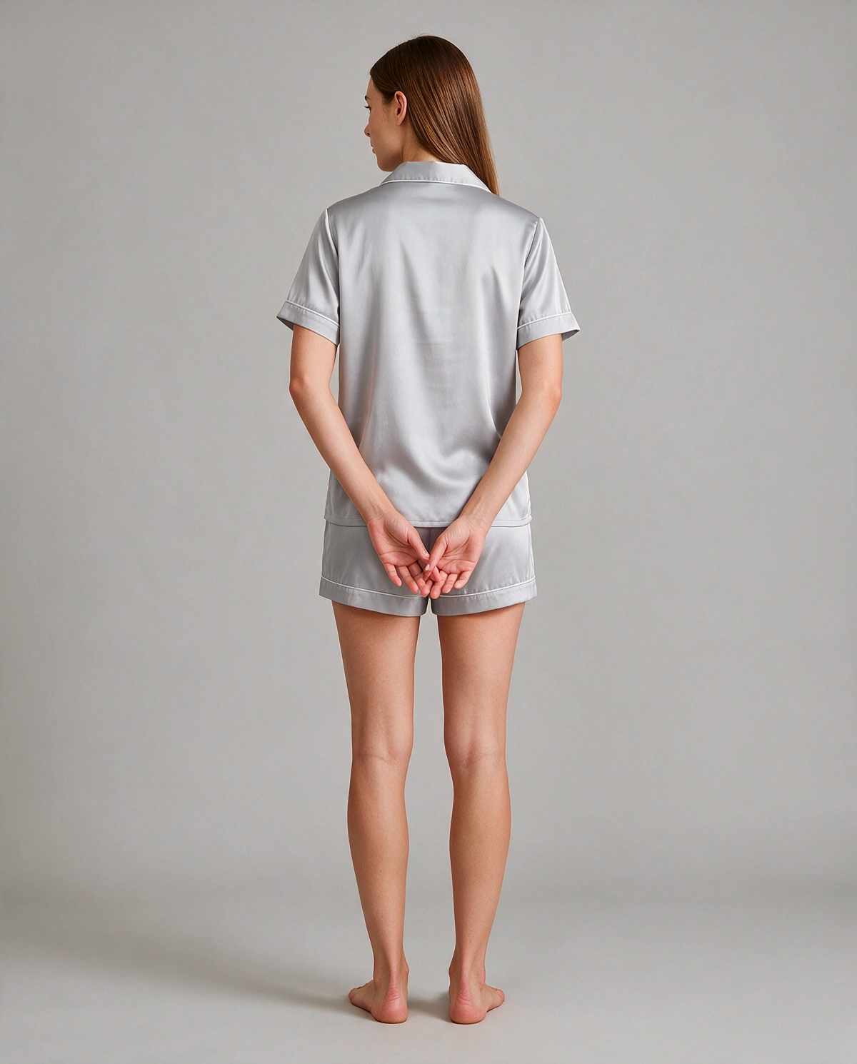 Kortärmad Kontrastkant Satin Pyjamas Set Dam