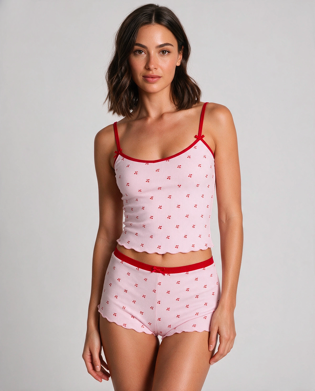 Körsbärsmönster Ribbad Pyjamas Set Dam
