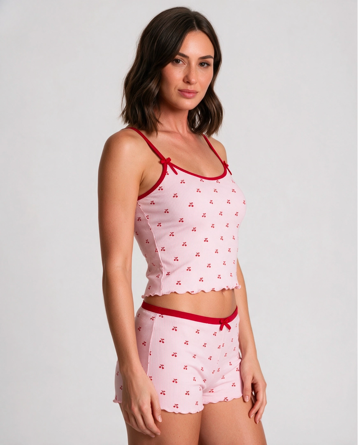 Körsbärsmönster Ribbad Pyjamas Set Dam