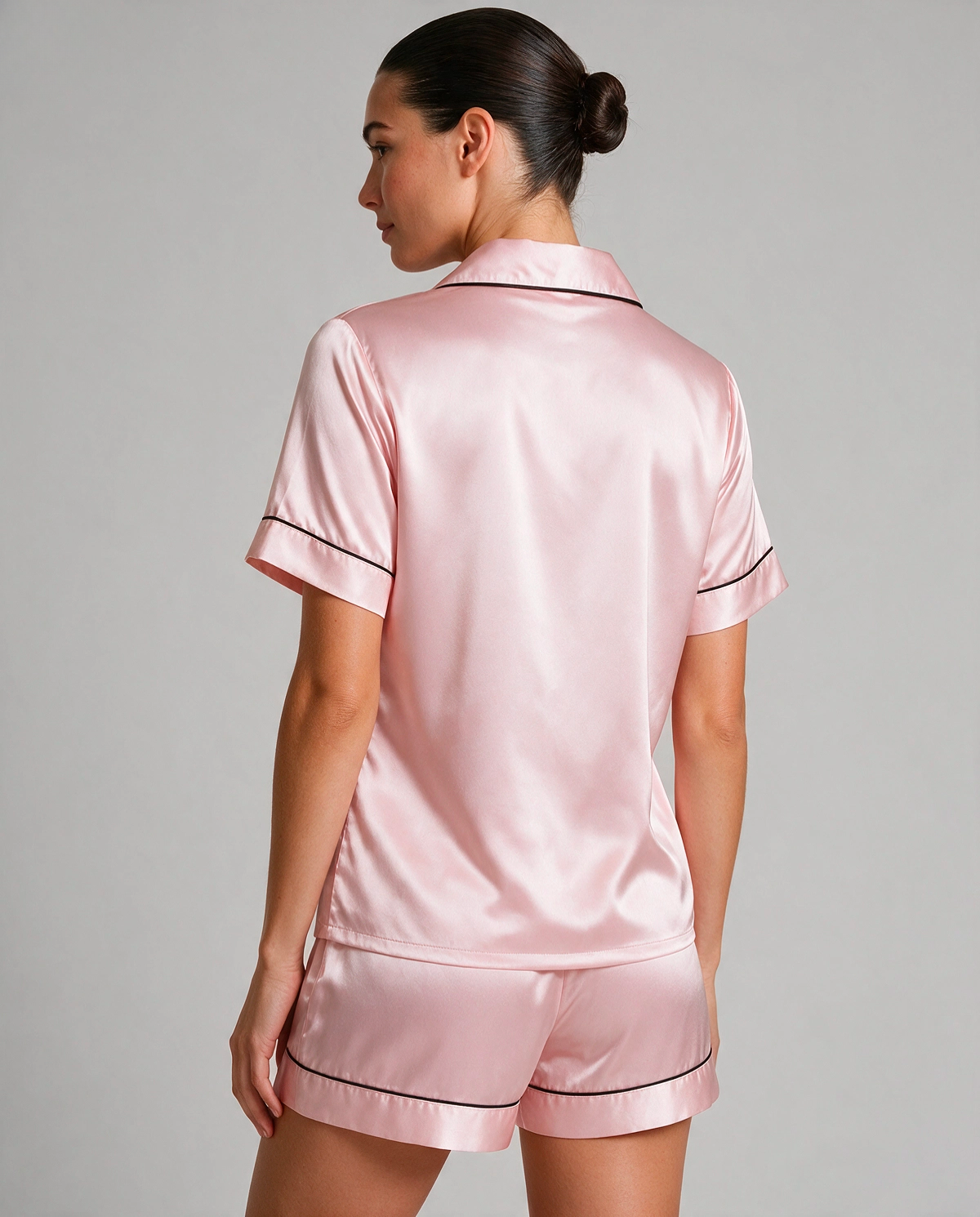 Kontrastpiping Satin Skjortpyjamas Set Dam