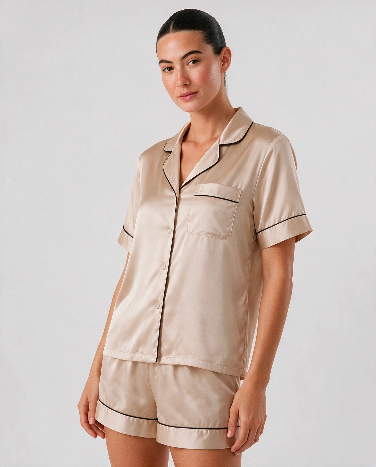 Kontrastpiping Satin Skjortpyjamas Set Dam