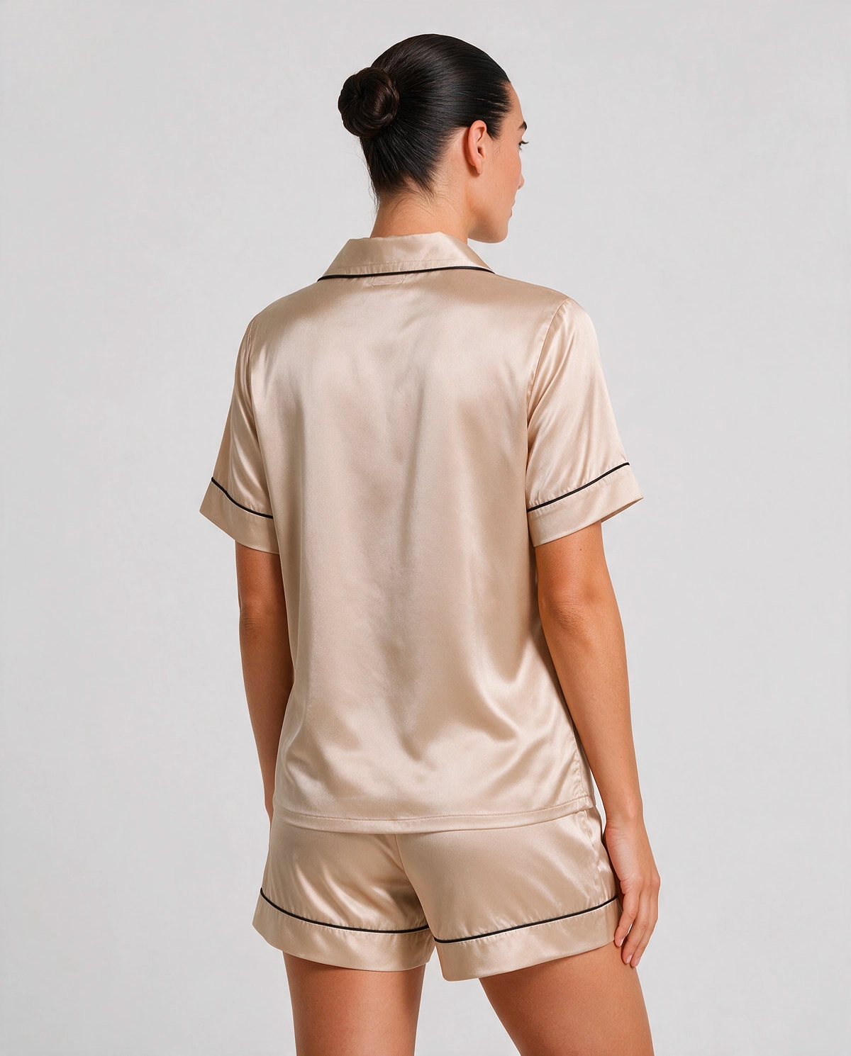Kontrastpiping Satin Skjortpyjamas Set Dam