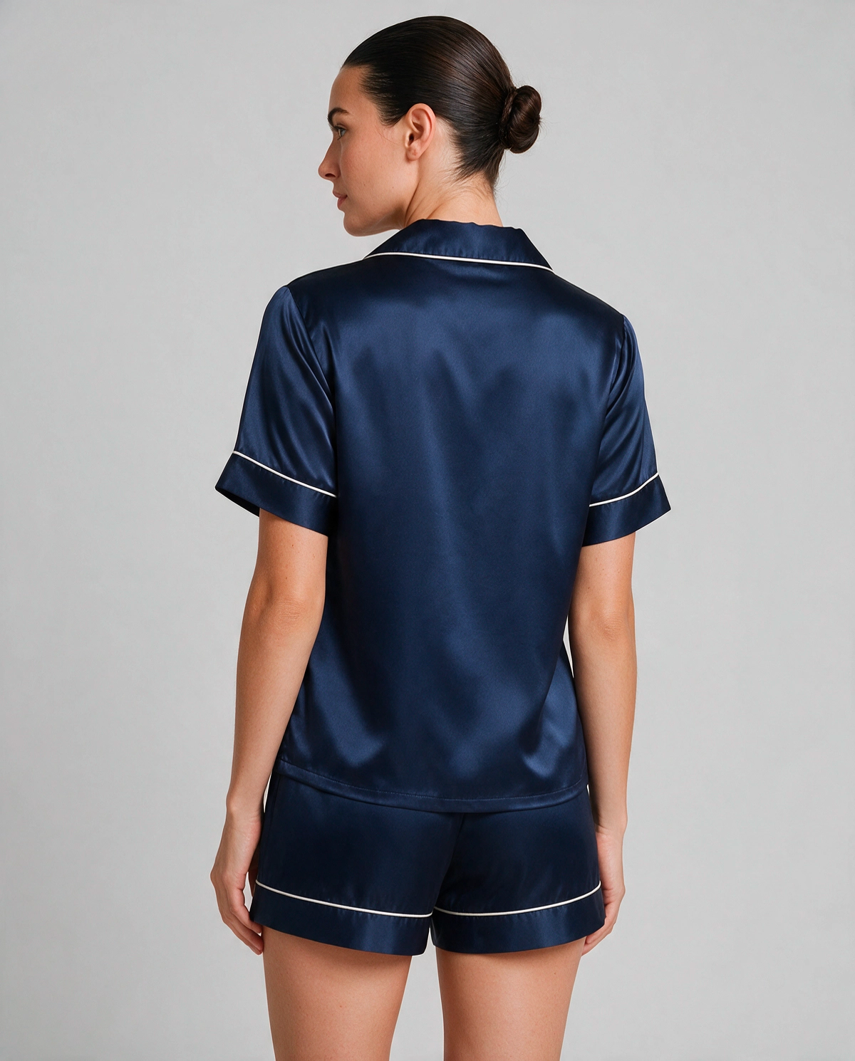 Kontrastpiping Satin Skjortpyjamas Set Dam