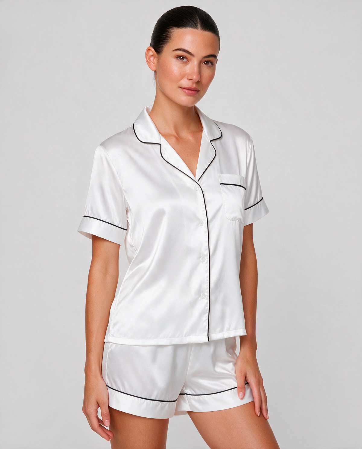 Kontrastpiping Satin Skjortpyjamas Set Dam
