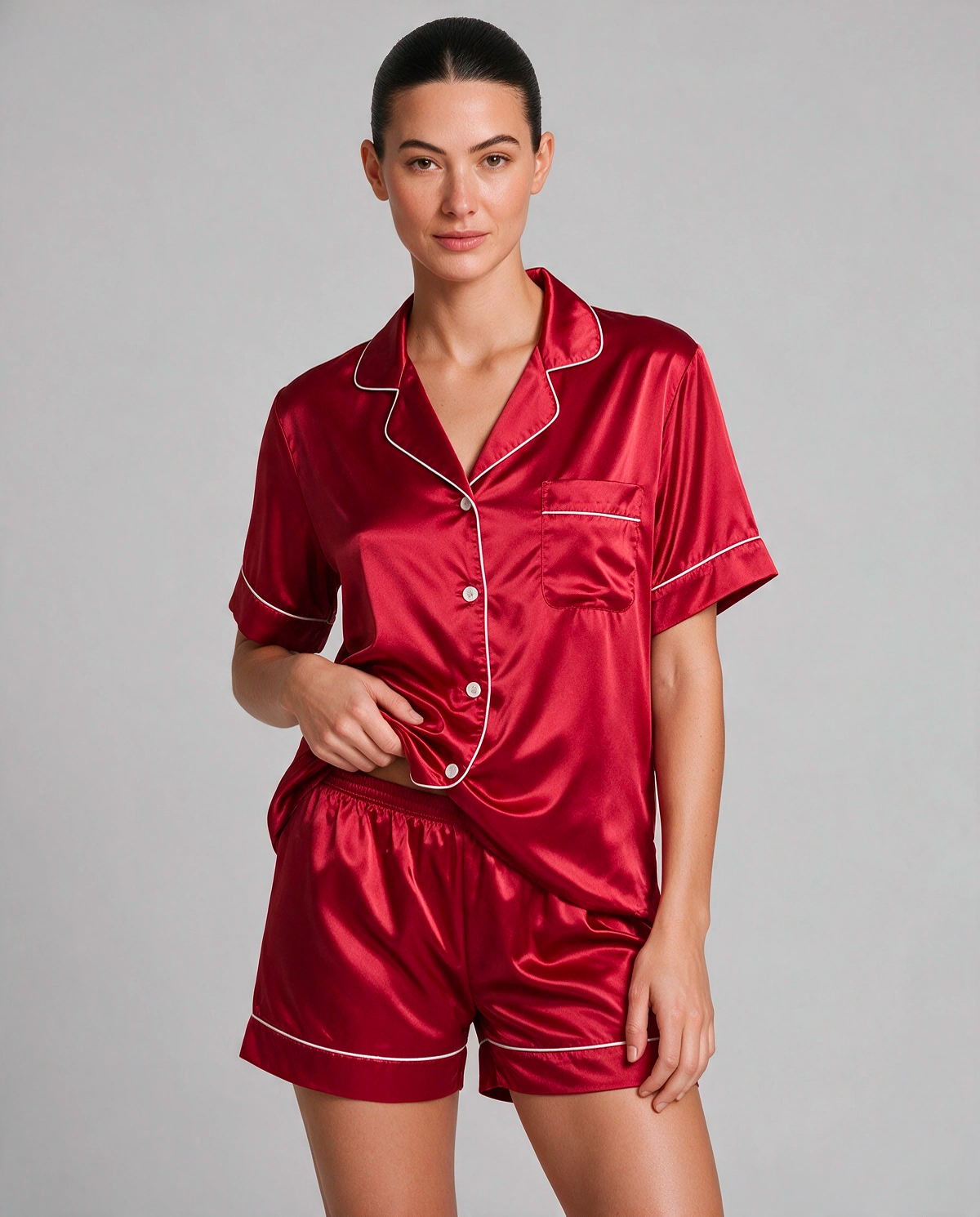Kontrastpiping Satin Skjortpyjamas Set Dam