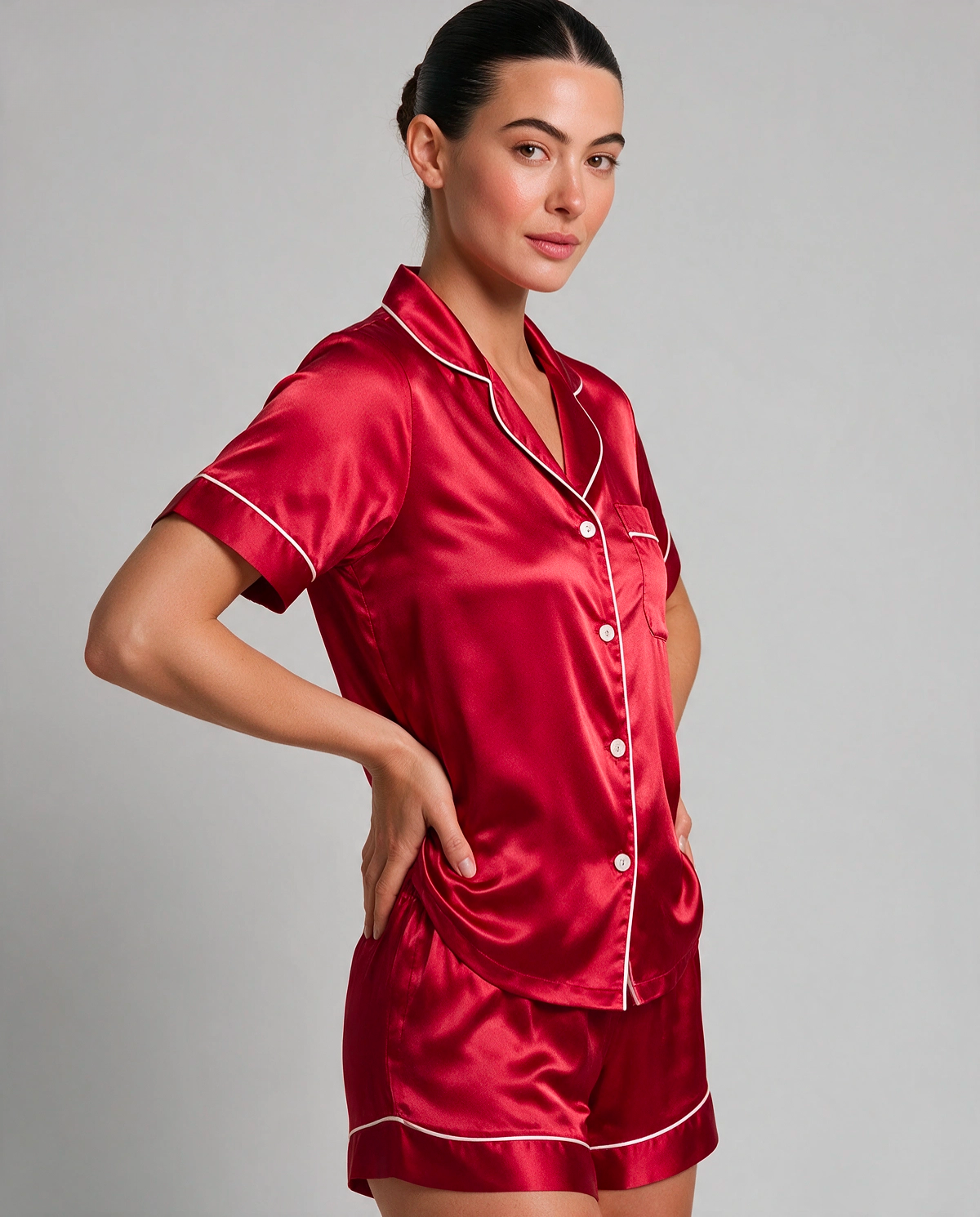 Kontrastpiping Satin Skjortpyjamas Set Dam