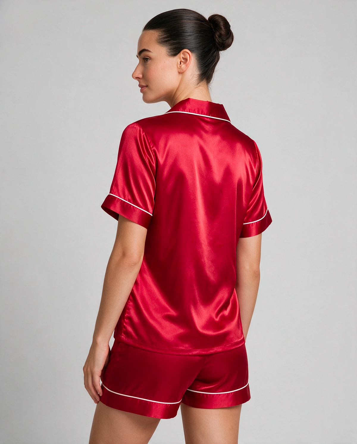 Kontrastpiping Satin Skjortpyjamas Set Dam