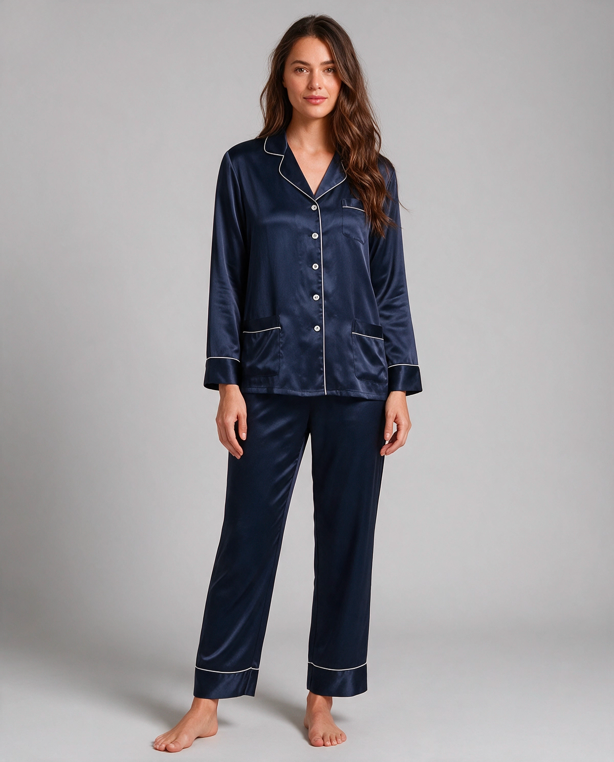 Djup V-ringning Satin Skjortpyjamas Set Dam
