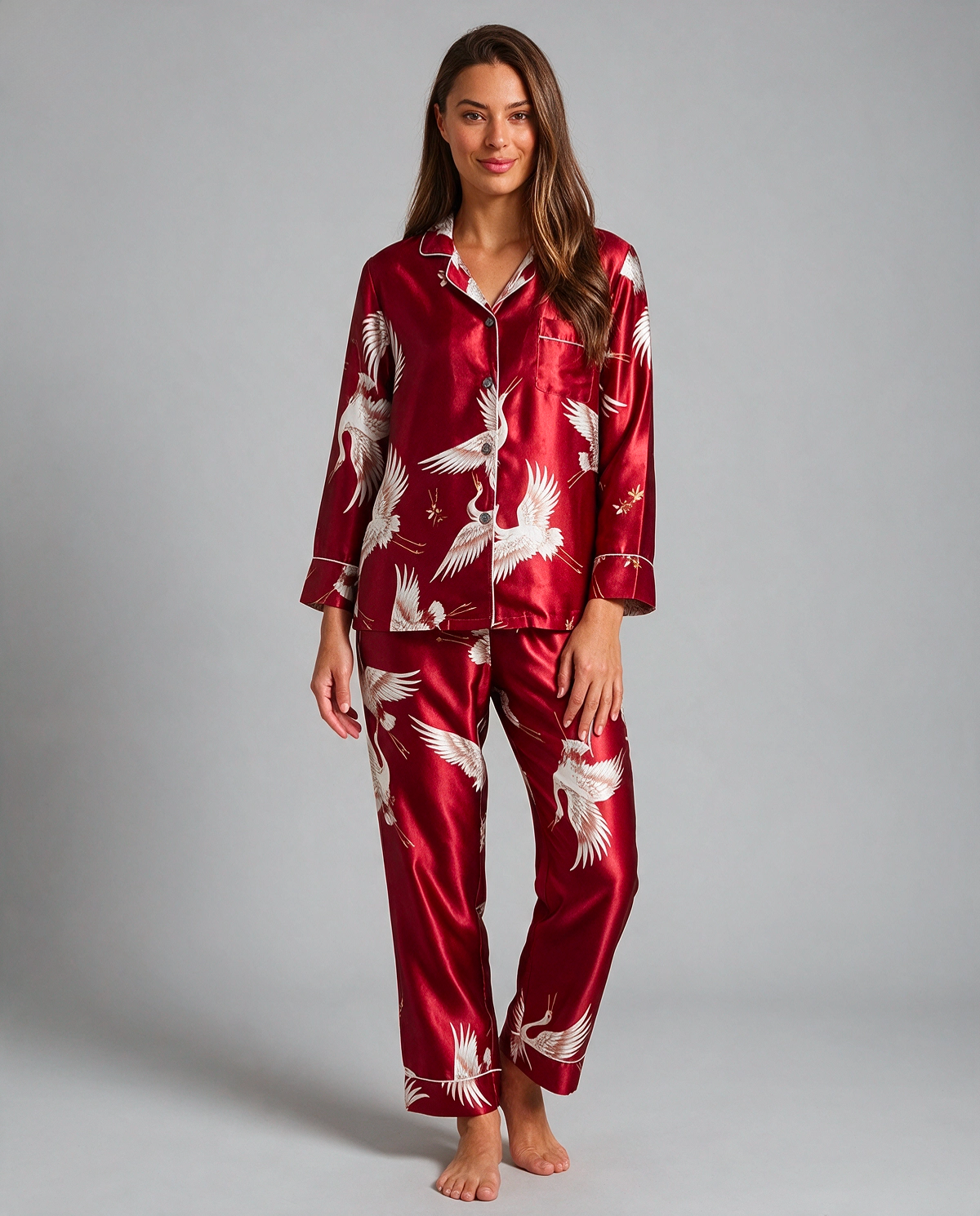 Trantryck Satin Skjortpyjamas Set Dam