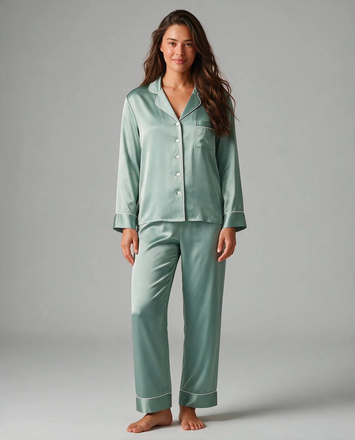 Djup V-ringning Satin Skjortpyjamas Set Dam