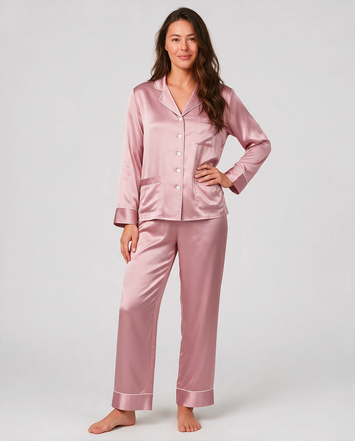 Djup V-ringning Satin Skjortpyjamas Set Dam