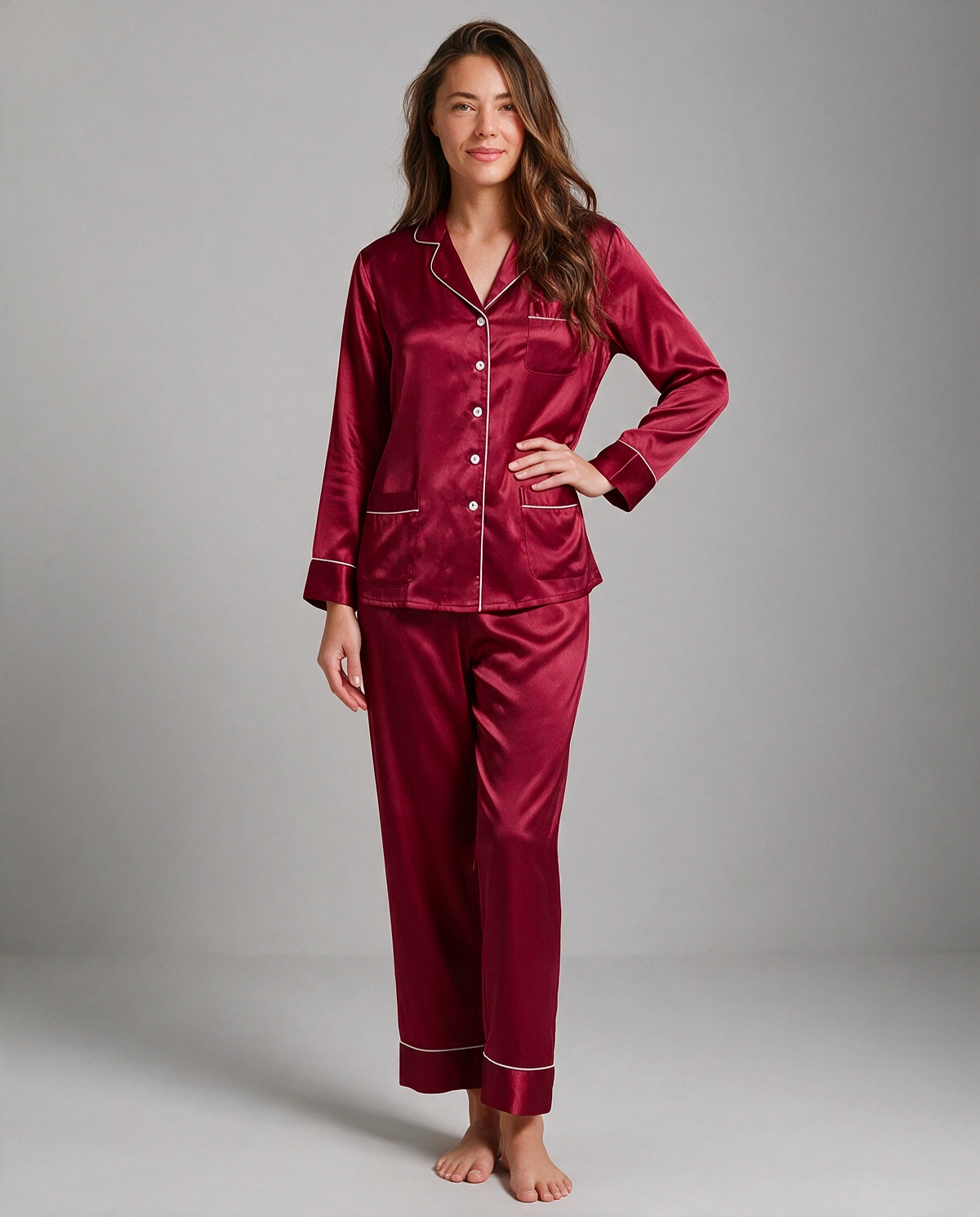 Djup V-ringning Satin Skjortpyjamas Set Dam