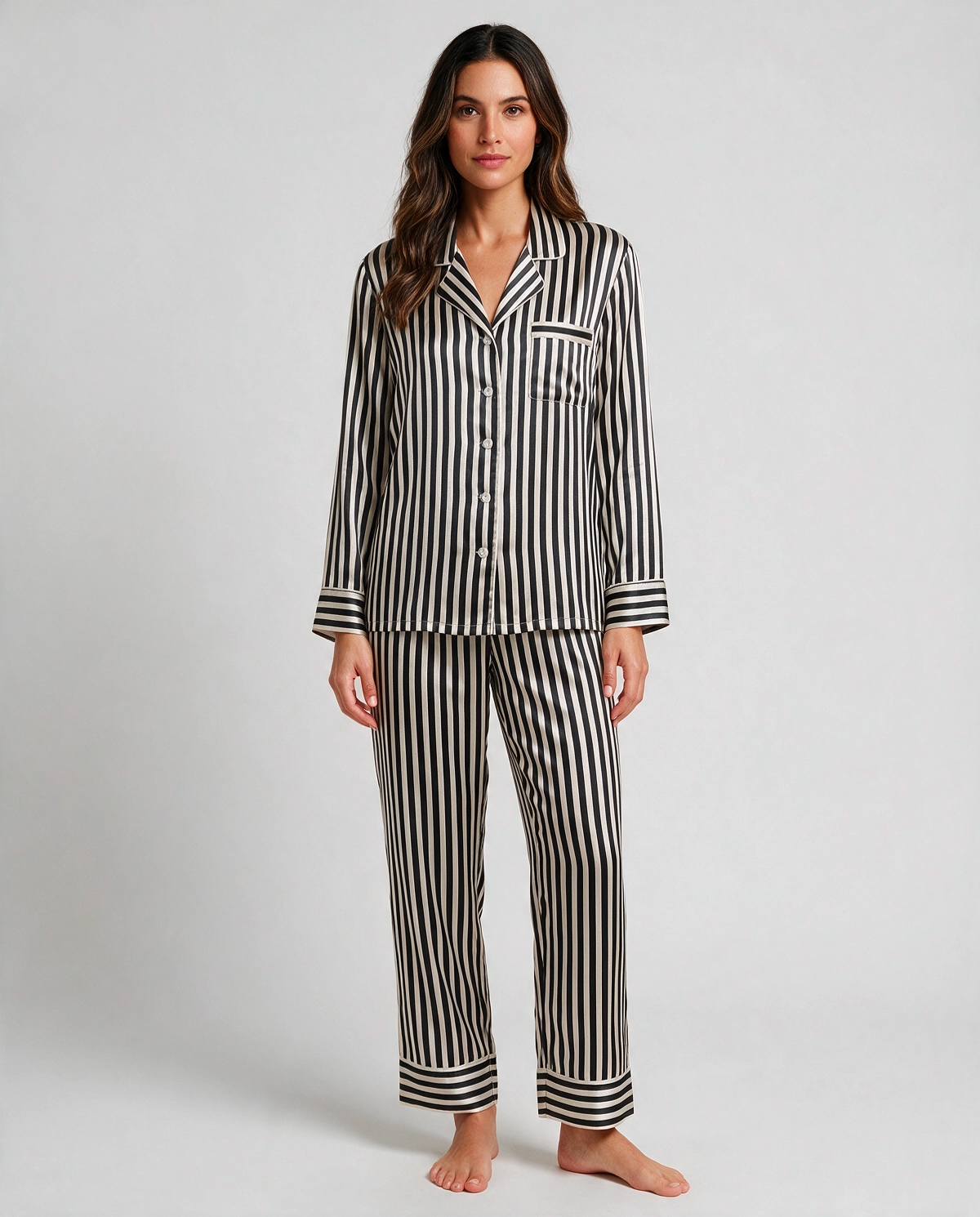 Randig Satin Skjortpyjamas Set Dam