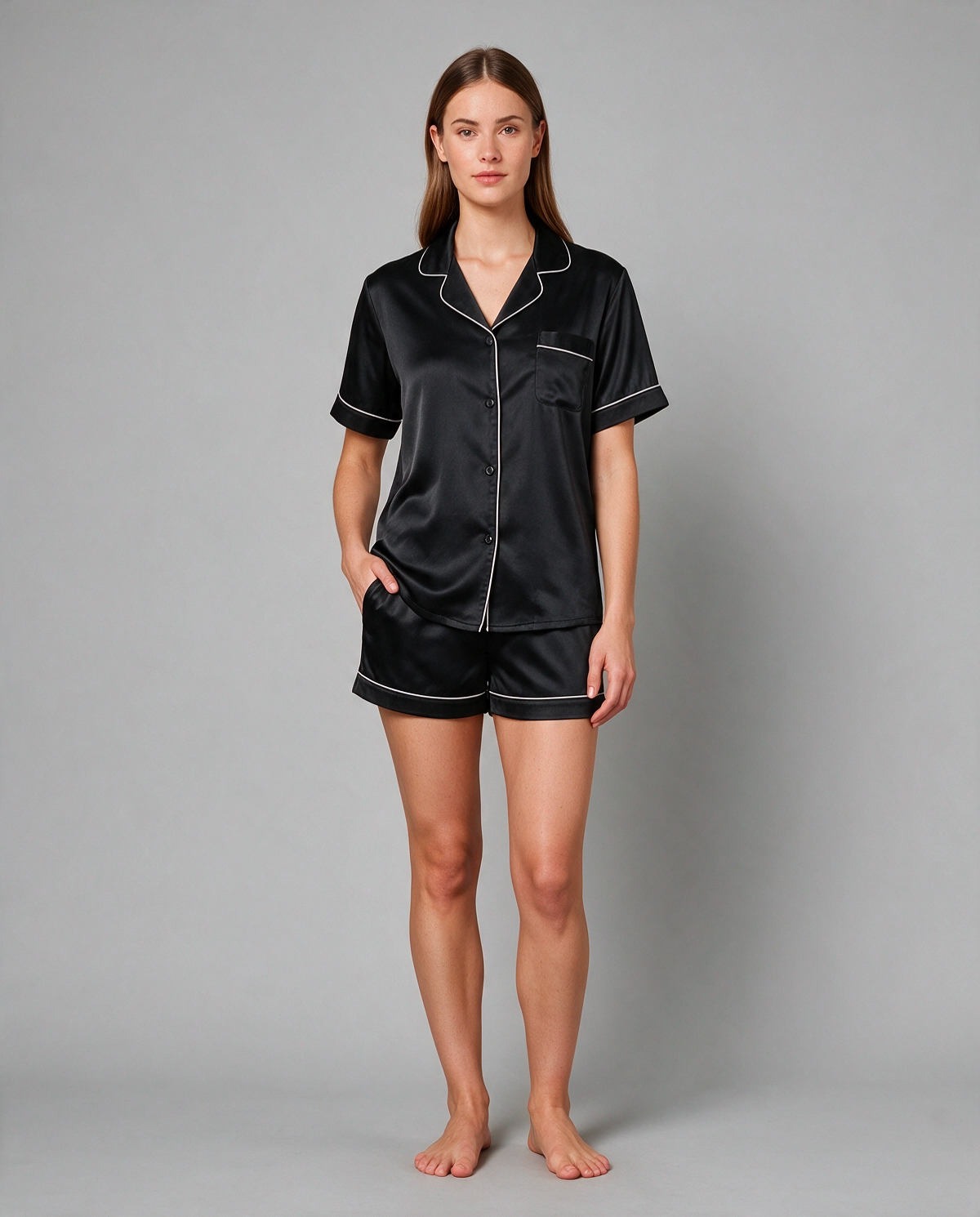 Kortärmad Kontrastkant Satin Pyjamas Set Dam